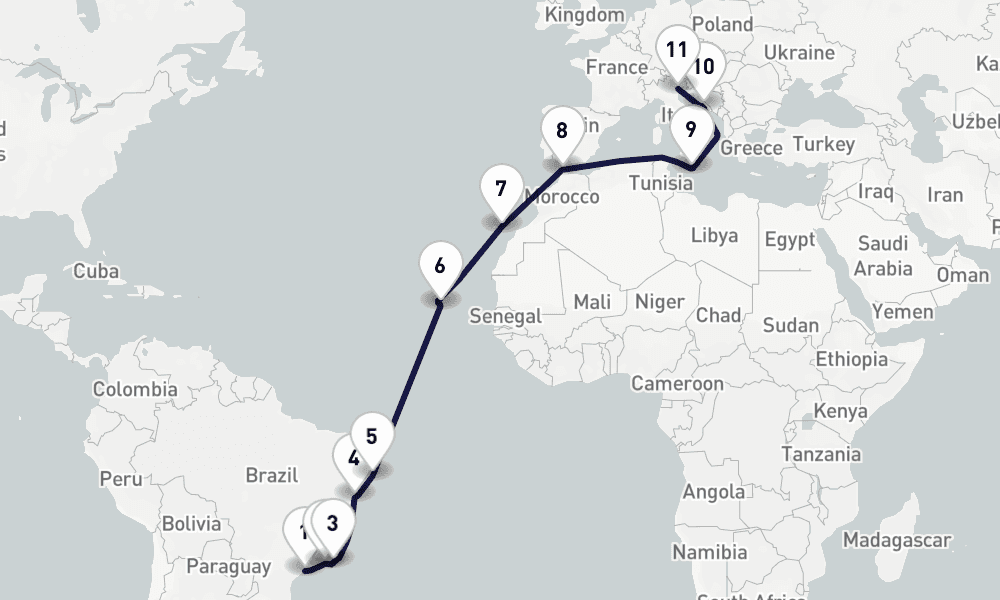 21 days, one-way from Santos to Venice 22日間