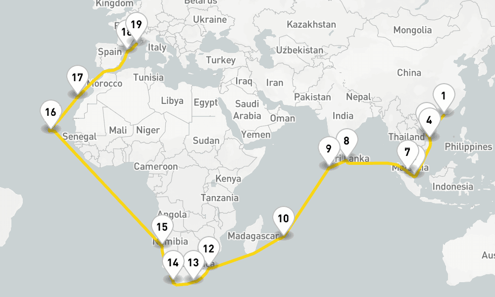 47 days, one-way from Hong Kong to Marseille 48日間