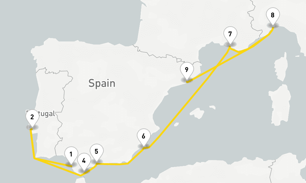 10 days, one-way from Cadiz to Barcelona 11日間