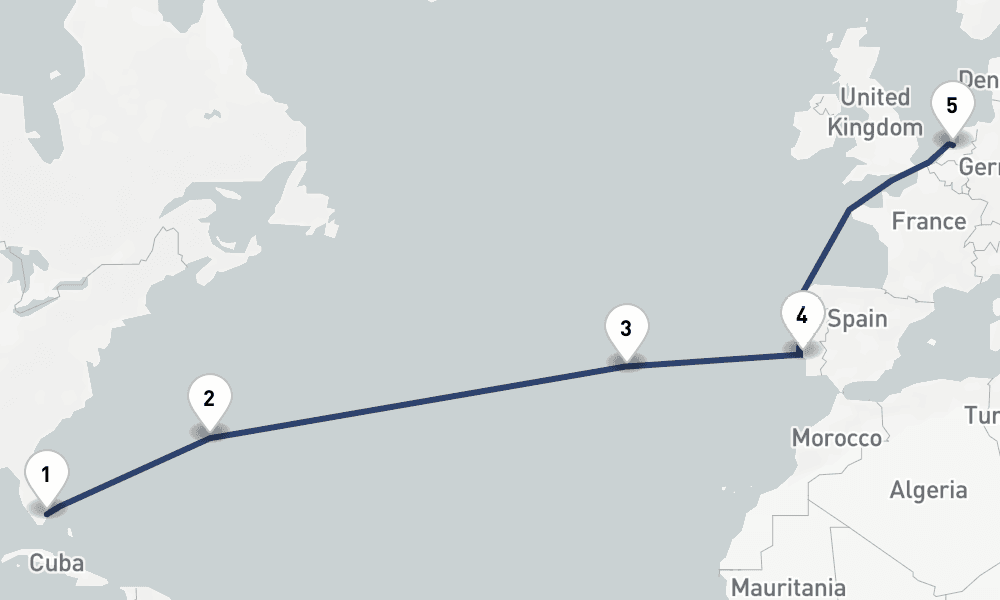 13 days, one-way from Fort Lauderdale to Amsterdam 14日間