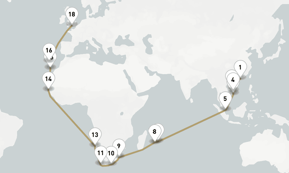 46 days, one-way from Hong Kong to Southampton 47日間
