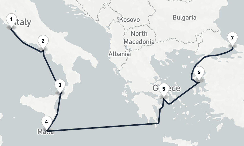 7 days, one-way from Civitavecchia-Rome to Istanbul 8日間