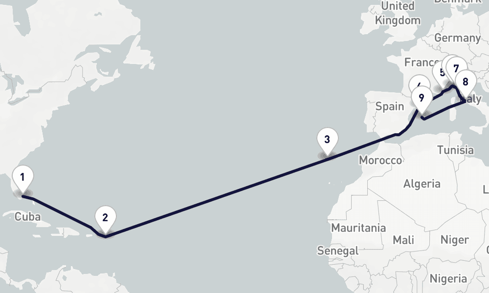 19 days, one-way from Miami to Palma de Mallorca 20日間