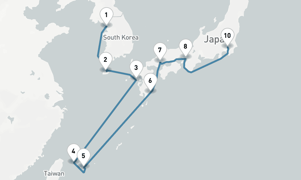 12 days, one-way from Incheon to Tokyo 13日間