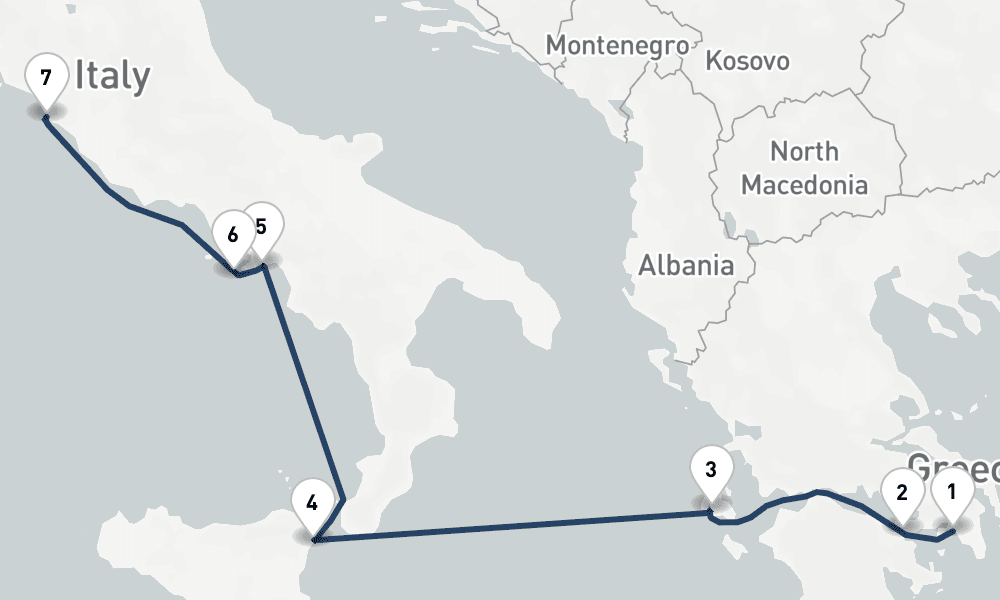 6 days, one-way from Piraeus-Athens to Civitavecchia-Rome 7日間