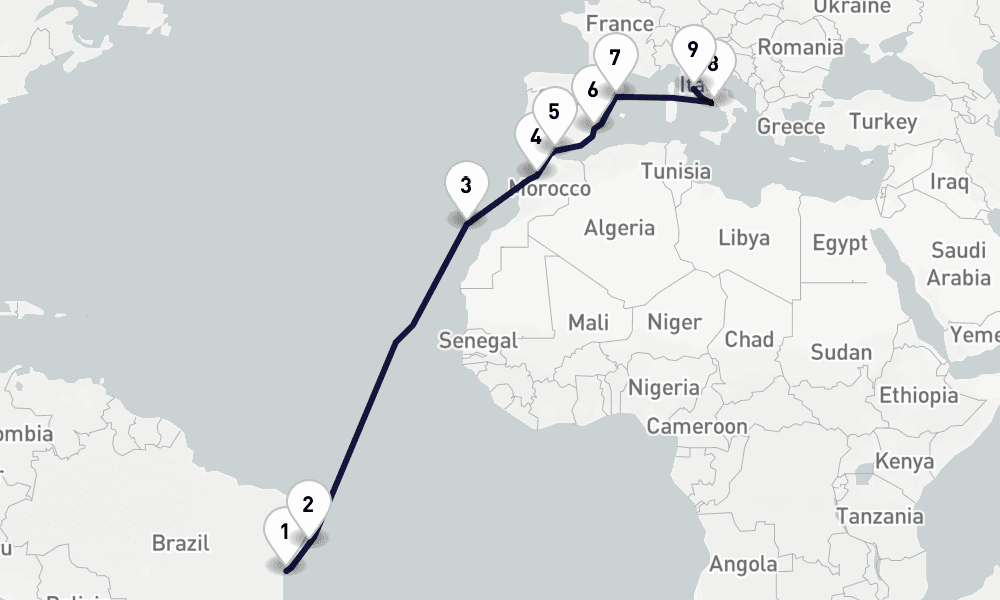 16 days, one-way from Salvador de Bahia to Civitavecchia-Rome 17日間