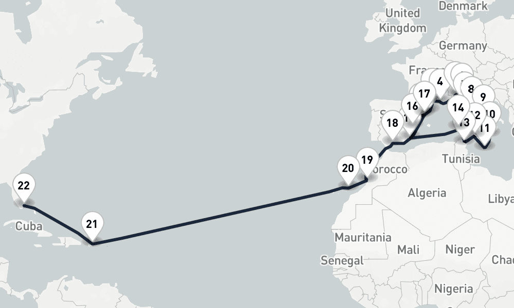 32 days, one-way from Tarragona to Miami 33日間