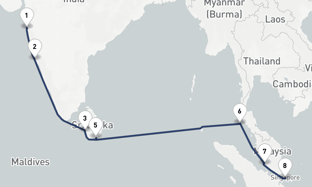 12 days, one-way from Mumbai to Singapore 13日間