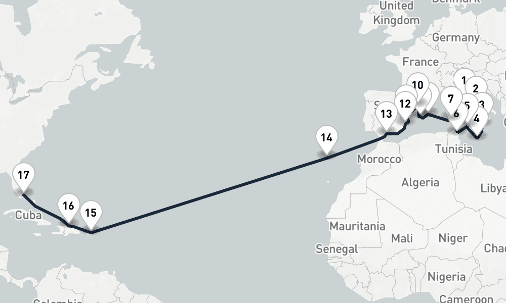 25 days, one-way from Civitavecchia-Rome to Miami 26日間