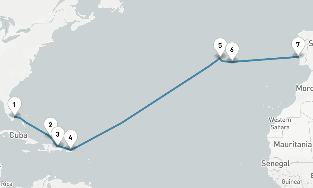 14 days, one-way from Fort Lauderdale to Lisbon 15日間