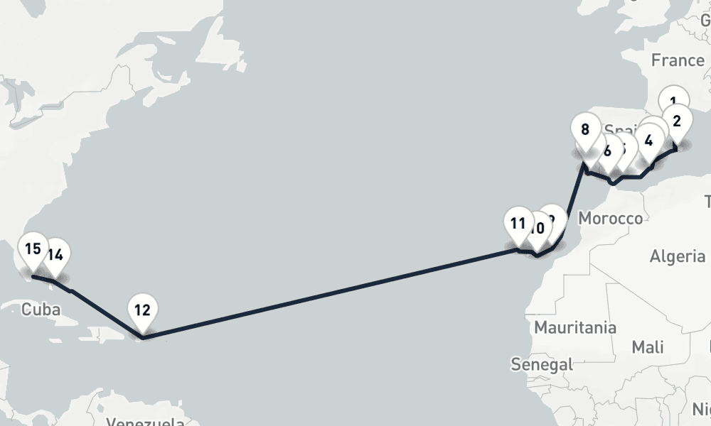 22 days, one-way from Barcelona to Miami 23日間