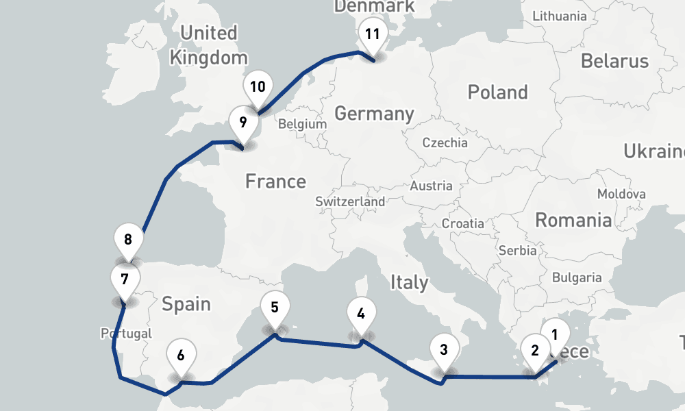 17 days, one-way from Piraeus-Athens to Hamburg 18日間