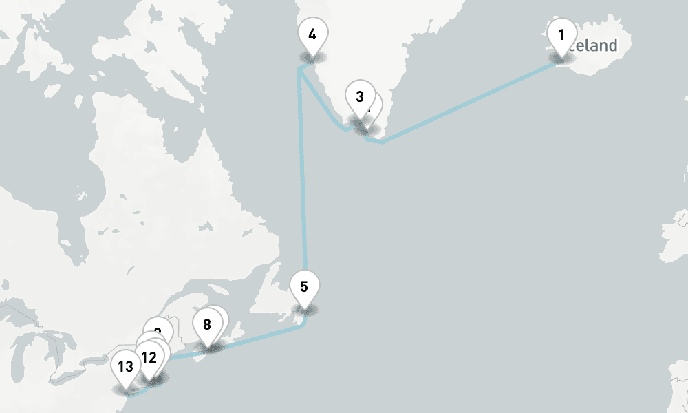 16 days, one-way from Reykjavik to New York 17日間