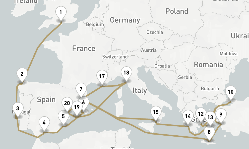 31 days, one-way from Southampton to Barcelona 32日間