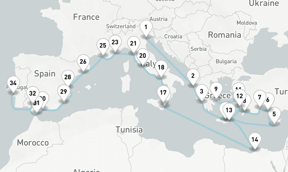 39 days, one-way from Venice to Lisbon 40日間