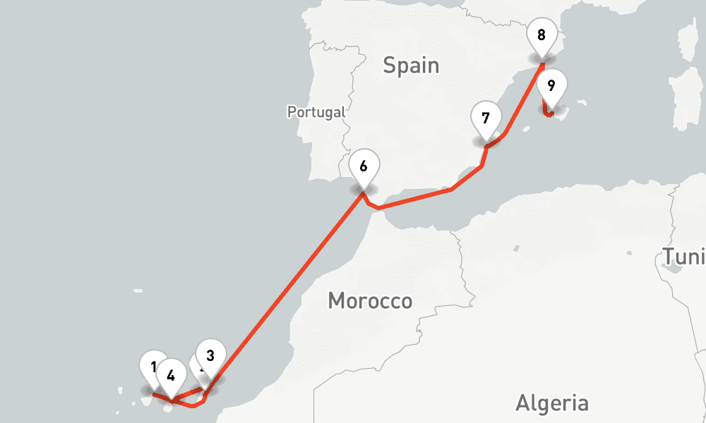 10 days, one-way from Santa Cruz de Tenerife to Palma de Mallorca 11日間