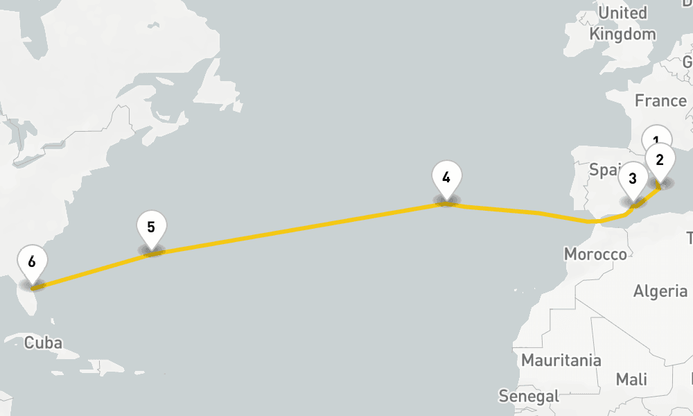 13 days, one-way from Barcelona to Port Canaveral 14日間