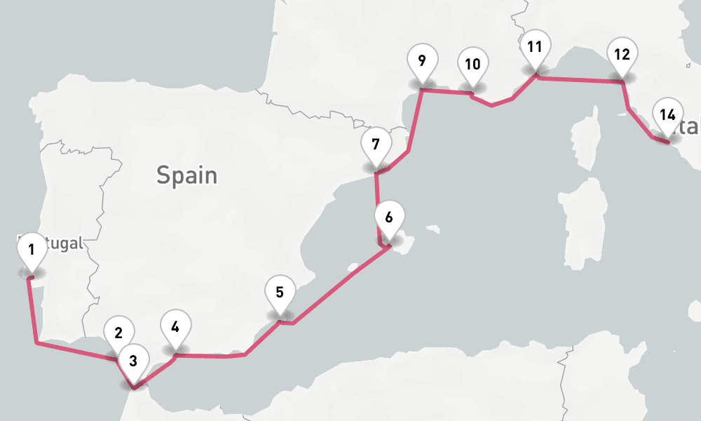 14 days, one-way from Lisbon to Civitavecchia-Rome 15日間