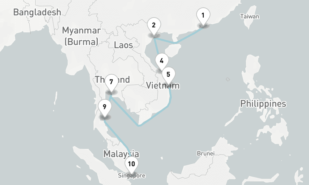 14 nights / 15 days, one-way from Hong Kong to Singapore