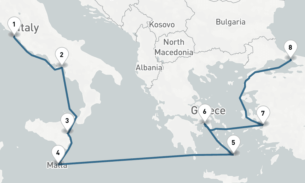 9 days, one-way from Civitavecchia-Rome to Istanbul 10日間
