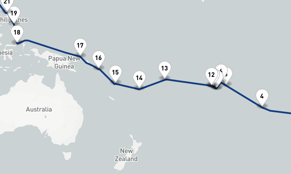 64 days, one-way from San Antonio to Yokohama 65日間