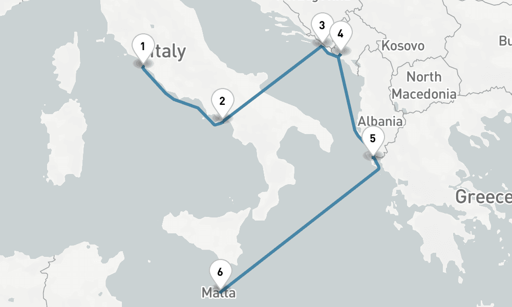 7 days, one-way from Civitavecchia-Rome to Valletta 8日間