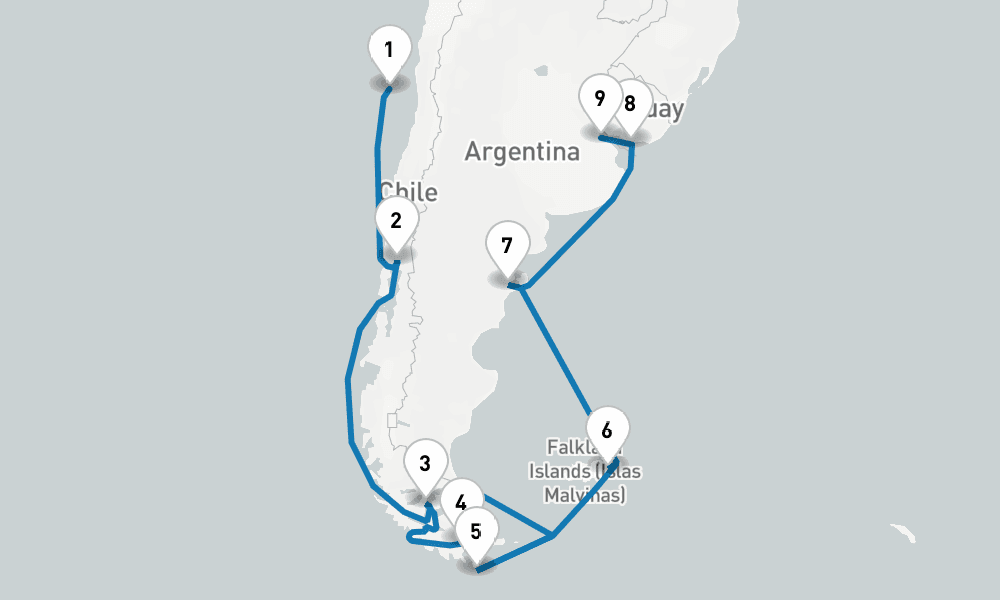 15 days, one-way from San Antonio to Buenos Aires 16日間