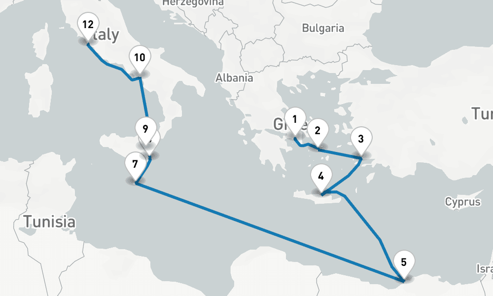 14 days, one-way from Piraeus-Athens to Civitavecchia-Rome 15日間