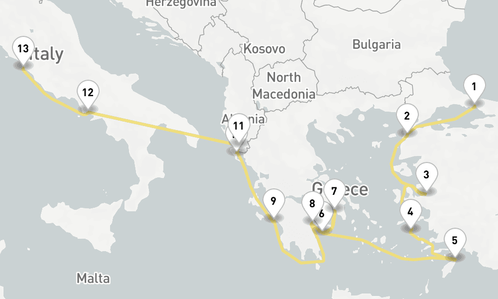 14 days, one-way from Istanbul to Civitavecchia-Rome 15日間