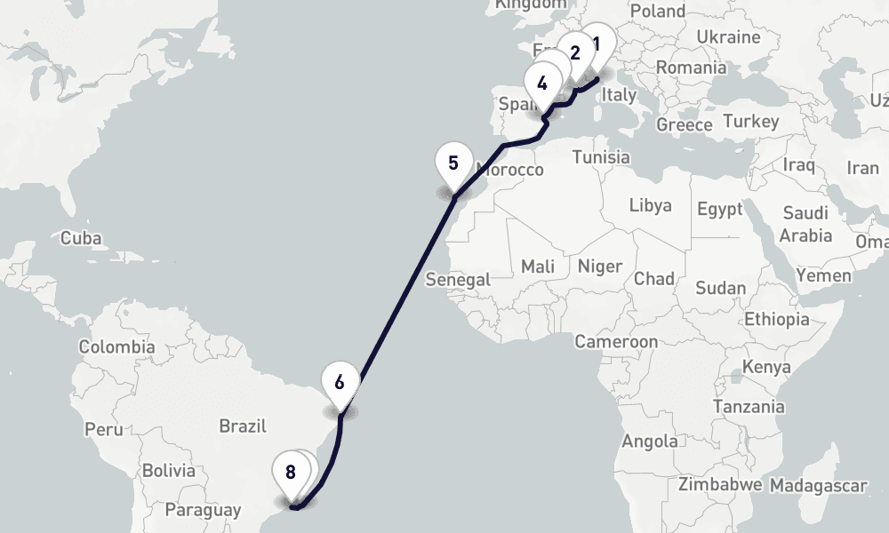 17 days, one-way from Genoa to Rio de Janeiro 18日間