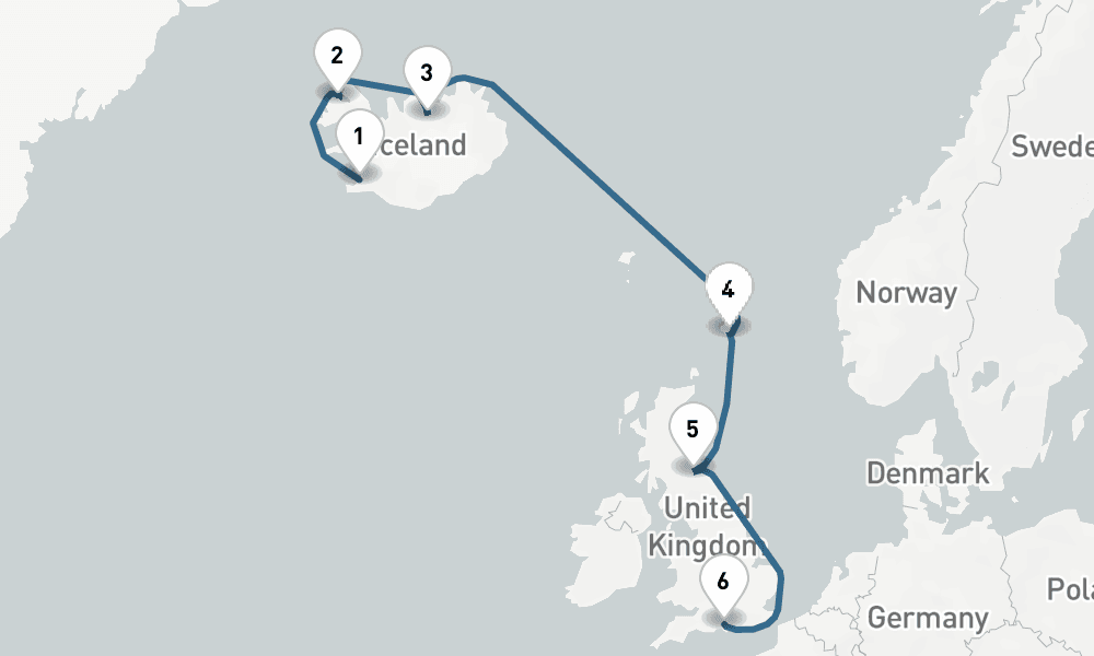 7 days, one-way from Reykjavik to Southampton 8日間