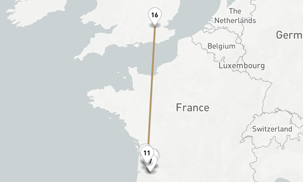 13 nights / 14 days, one-way from Bordeaux to Greenwich (London, England)