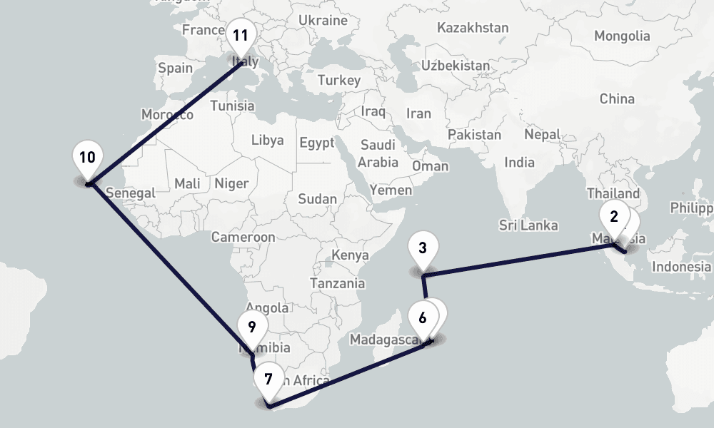38 days, one-way from Singapore to Civitavecchia-Rome 39日間