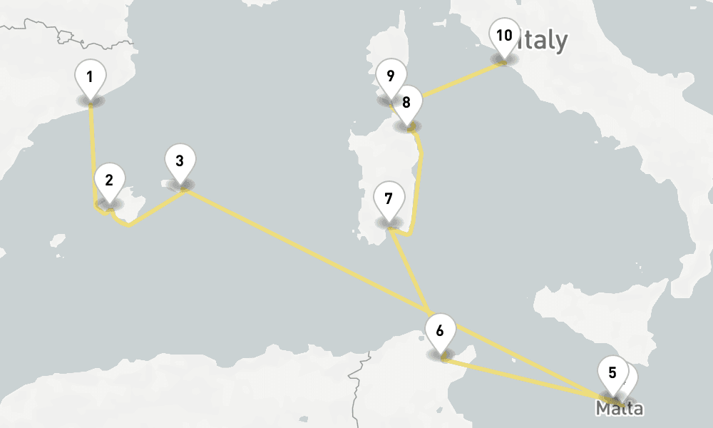 10 days, one-way from Barcelona to Civitavecchia-Rome 11日間