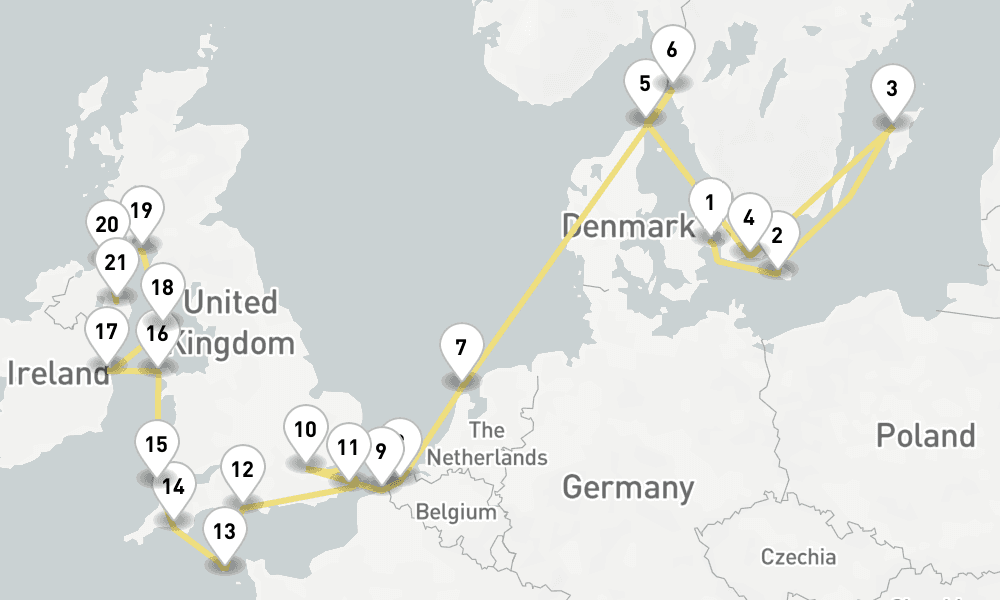22 days, one-way from Copenhagen to Belfast 23日間