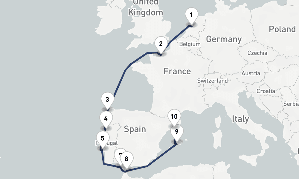 12 days, one-way from Amsterdam to Barcelona 13日間