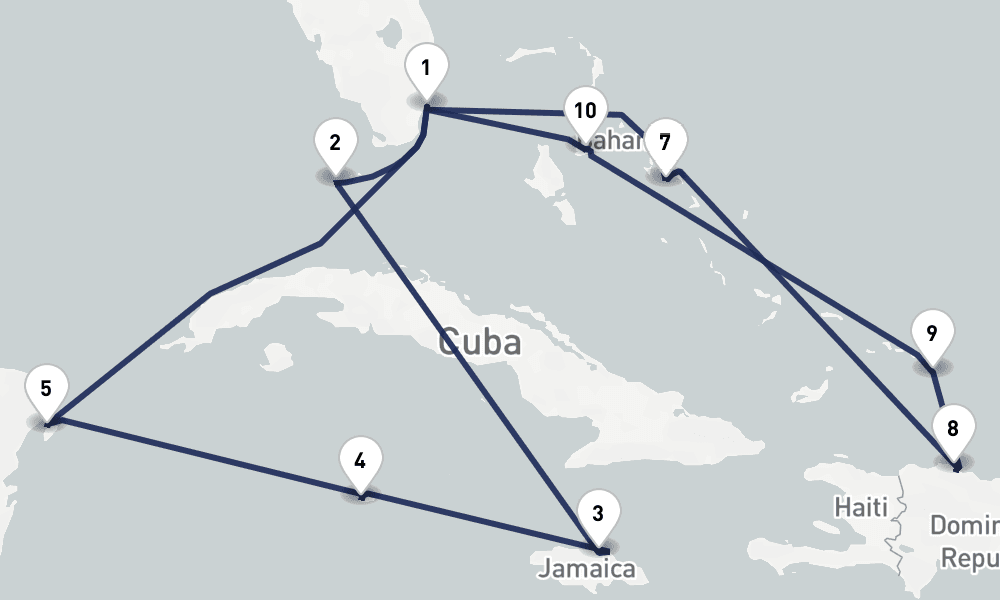 14 days, round-trip Western Eastern Caribbean Mexico Bahamas 15日間