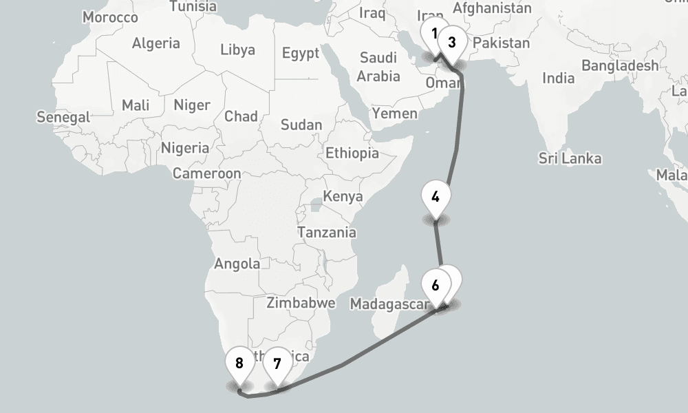 19 days, one-way from Dubai to Cape Town 20日間