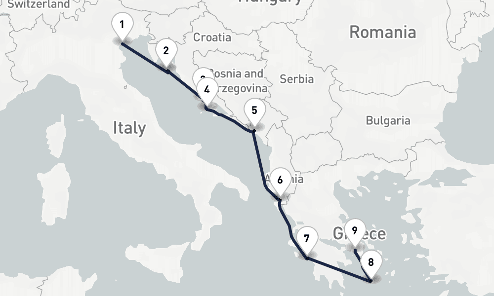 11 days, one-way from Venice to Piraeus-Athens 12日間
