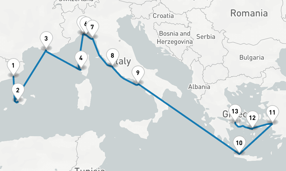 14 days, one-way from Barcelona to Piraeus-Athens 15日間