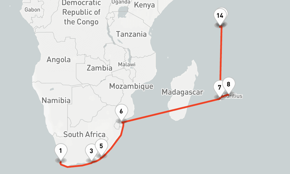 20 days, one-way from Cape Town to Mahe Island Seychelles 21日間