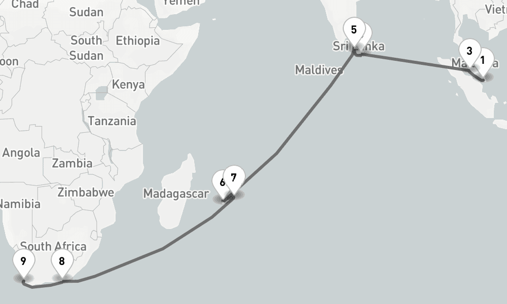 22 days, one-way from Singapore to Cape Town 23日間