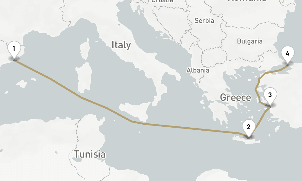 7 days, one-way from Barcelona to Istanbul 8日間