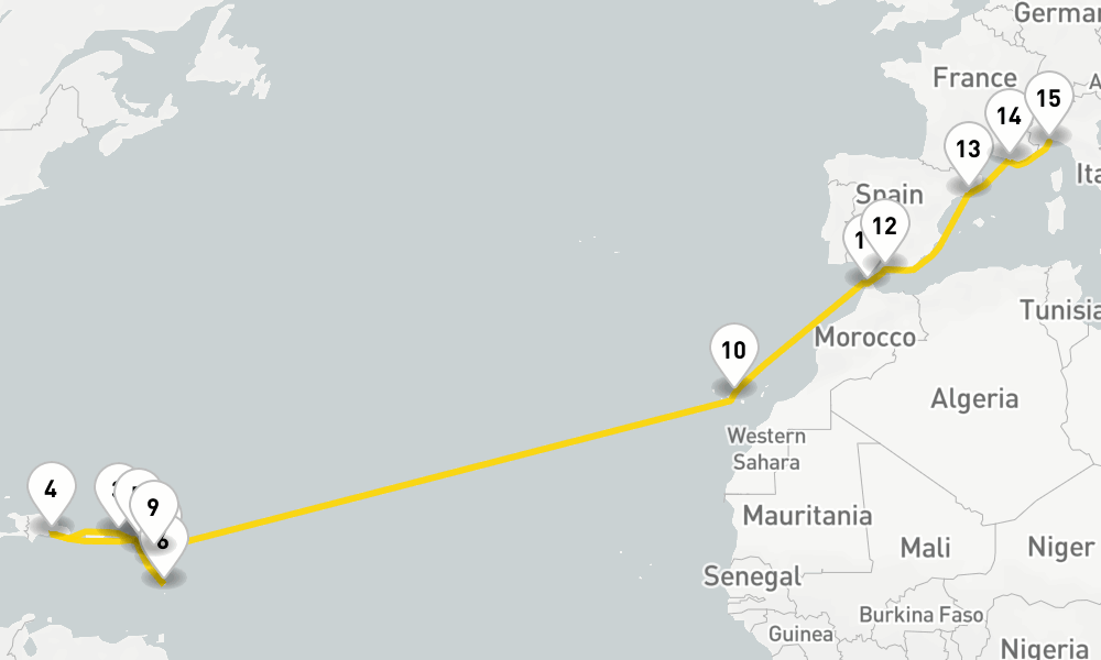 23 days, one-way from Pointe-a-Pitre to Savona 24日間