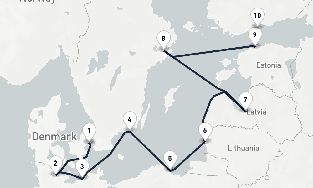 10 days, one-way from Copenhagen to Helsinki 11日間
