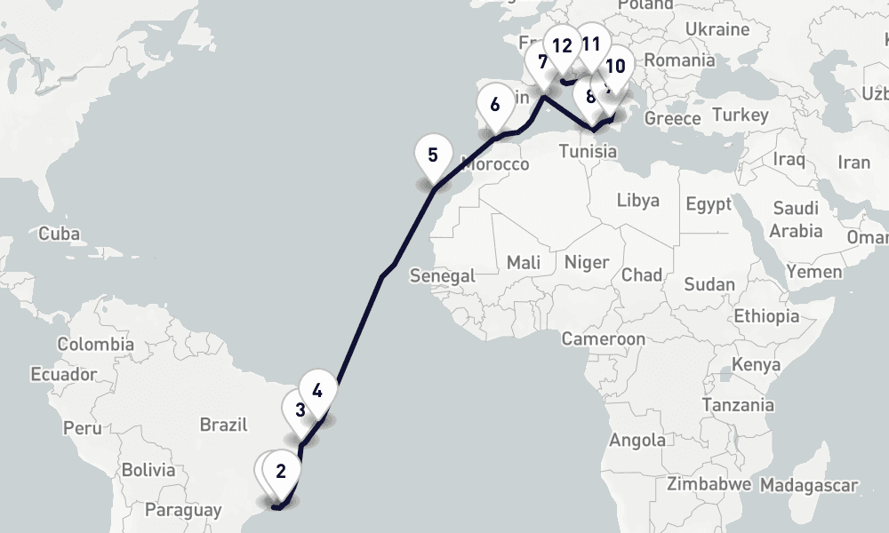 22 days, one-way from Rio de Janeiro to Marseille 23日間