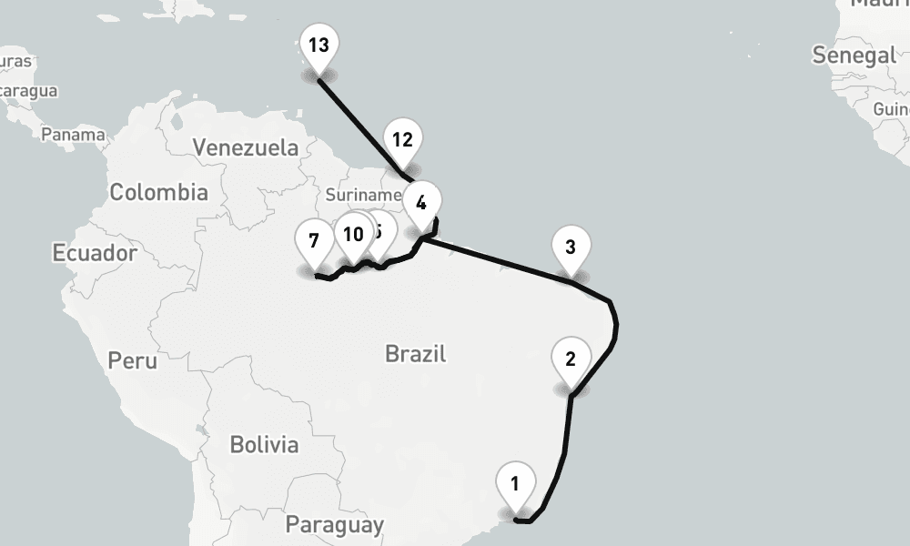 20 days, one-way from Rio de Janeiro to Bridgetown 21日間