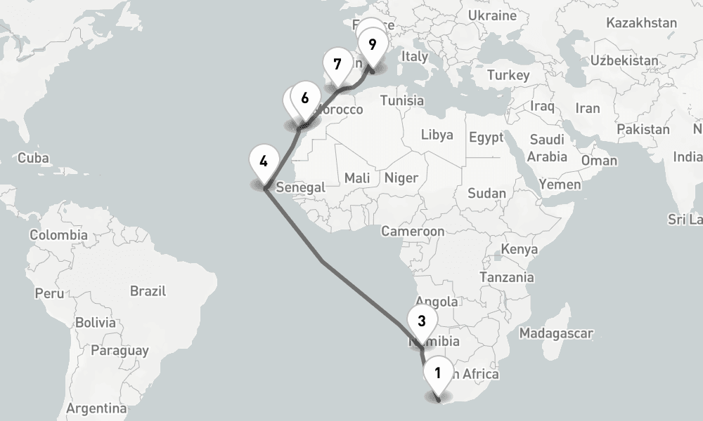 20 days, one-way from Cape Town to Palma de Mallorca 21日間