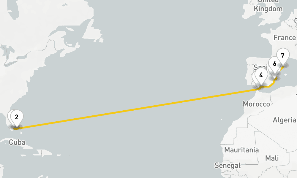 14 days, one-way from Miami to Barcelona 15日間