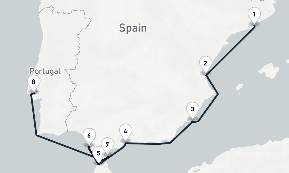 7 days, one-way from Barcelona to Lisbon 8日間